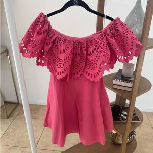 Valentino Pink Off-Shoulder Eyelet Mini Dress
